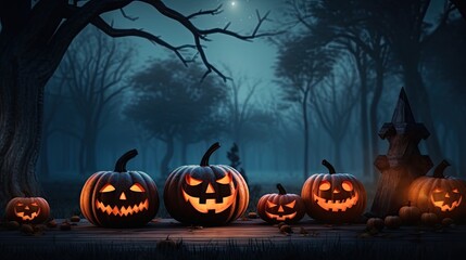 Poster - Nighttime forest Halloween background with moonlit wooden pumpkins