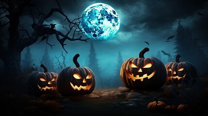 Poster - Nighttime forest Halloween background with moonlit wooden pumpkins