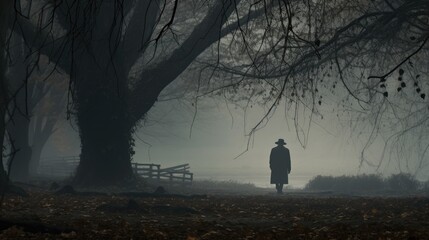 A man in a gray coat and hat walks in a magical garden an autumn park with barren trees Fog loneliness and mist surround him Strange whimsical branches