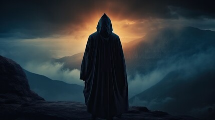 Poster - Silhouette of a medieval traveler standing on a mountain wearing a hooded cloak