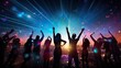 © HN Works - Group of joyful youths dancing at a nightclub It represents nightlife and disco ambiance