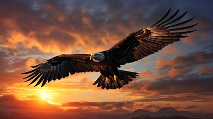 Poster - Silhouette of majestic sea eagle flying at sunrise in Hokkaido Japan isolated bird silhouette against colorful sky and clouds as wallpaper