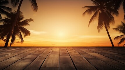 Poster - Wooden table against glowing sky with silhouette of coconut tree