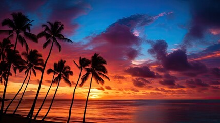 Poster - Colorful dramatic sunset sky over Waikiki with palm tree silhouettes ocean foreground