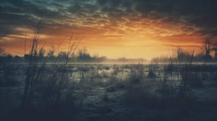 Fototapete - Winter field at sunset with grunge style