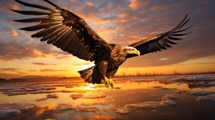 Poster - Silhouette of majestic sea eagle flying at sunrise in Hokkaido Japan isolated bird silhouette against colorful sky and clouds as wallpaper