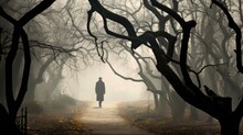 A Man In A Gray Coat And Hat Walks In A Magical Garden An Autumn Park With Barren Trees Fog Loneliness And Mist Surround Him Strange Whimsical Branches