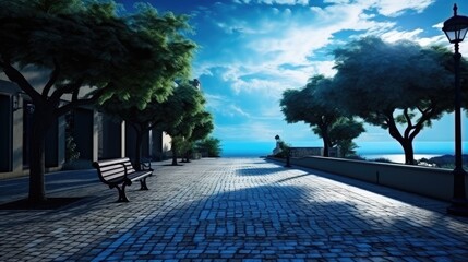 Aufkleber - Deserted street with serene garden backdrop and clear blue sky