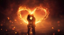 Hands Forming A Heart Shaped Fire Silhouette After Lovers Contact