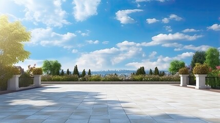 Aufkleber - Deserted street with serene garden backdrop and clear blue sky