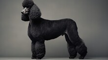 Black Poodle Standing In Studio On Gray Background