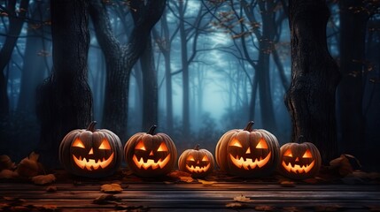 Poster - Nighttime forest Halloween background with moonlit wooden pumpkins