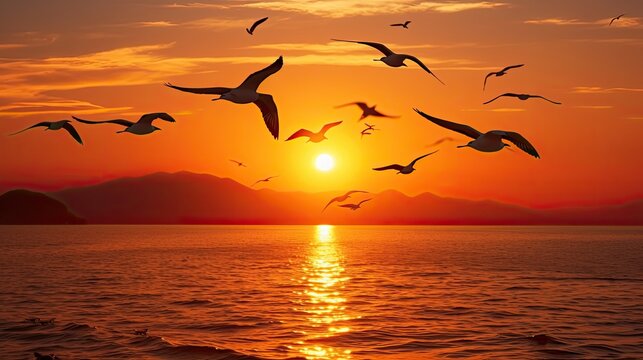 Gorgeous Thai sunset with seagull silhouettes flying over the sea