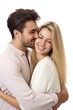 © altitudevisual - studio shot of a young couple talking and hugging against a white background