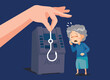 Illustration of an old woman who was tricked by voice phishing standing in front of an ATM machine. She is talking on the phone with a panicked face.
