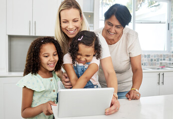 Poster - Blended family, adoption and a girl with her mother on a tablet in the kitchen for education or learning. Children, diversity or study with a parent and granny teaching girl kids at home together