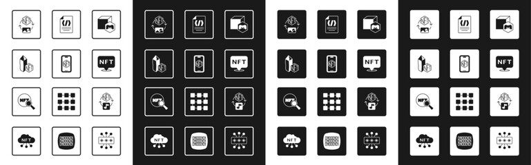 Set NFT Digital crypto art, Mobile with store app, Binary code, and Search icon. Vector