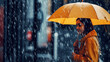 young woman or girl with umbrella with rain on street