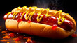 Mouthwatering long frankfurter in a wheat bun with chili pepper rings, ketchup and cheese sauce - a classic American street food. Black background. Close-up. AI Generated