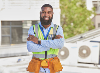 Aufkleber - Black man, portrait and construction worker, arms crossed and maintenance, engineer smile and architecture outdoor. Male contractor, professional renovation and urban infrastructure with handyman