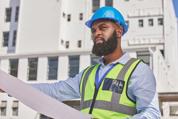 Poster - Engineering, thinking or contractor with blueprint on construction site for infrastructure inspection. Black man, floor plan or African designer working on maintenance, architecture or development