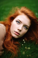 portrait of a beautiful young woman lying on her front in the grass