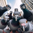 Pigeons take a selfie in the big city. Fun, meme and animal concept. Generative AI.
