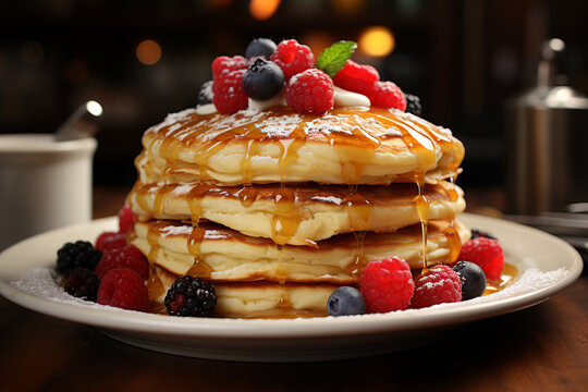 Wall Mural -  - Stack of American pancakes with syrup, butter and fruit