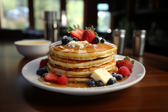 Wall Mural -  - American pancakes with syrup, butter and fruit