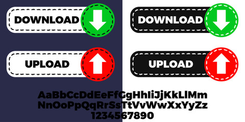 Poster - Download and upload buttons, in dark and light versions. Green or red arrow next to the button.