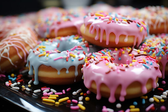 Wall Mural -  - Colorful donuts with cream and sprinkles