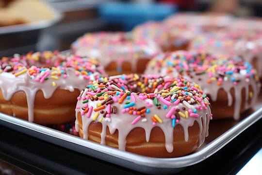 Wall Mural -  - Colorful donuts with cream and sprinkles