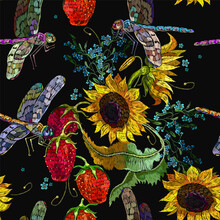 Embroidery Sunflowers, Dragonflies And Strawberry Berries Seamless Pattern. Fashion Template For Clothes, Tapestry, T-shirt Design. Summer Art Style