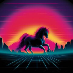 Horse on Retro Road with Mountain Views. Retrowave Inspired. Generative AI.