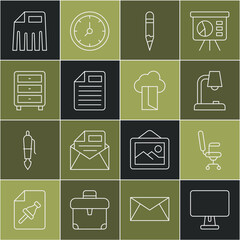Poster - Set line Computer monitor, Office chair, Table lamp, Pencil, File document, Archive papers drawer, Paper shredder and Cloud database icon. Vector
