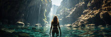 Back View Of A Woman In A Waterfall Cave Canyon, Girl On A Trip, Hiking. Natural Rock Mountain River Crystal Clear Water, Gorgeous Scenic Epic Landscape Panorama With Light Rays, Summer Vacation