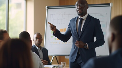 A Black people male business coach speaker in suit give flipchart presentation. Training. Generative Ai