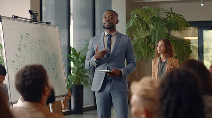 A Black people male business coach speaker in suit give flipchart presentation. Training. Generative Ai