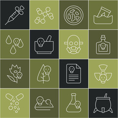 Wall Mural - Set line Witch cauldron, Radioactive, Bottle with potion, Petri dish bacteria, Mortar and pestle, Acid rain, Syringe and Gas mask icon. Vector