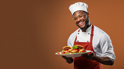 Male African-American chef with tasty dish on color background