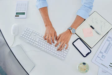 Fototapete - Person, hands and keyboard for planning finance, accounting and taxes management with phone screen mockup. Business worker or accountant typing on computer with calculator, notebook and mobile above