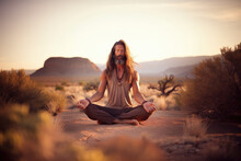 Calm, Peaceful Long Haired Muscular Man Sitting In Lotus Position And Meditating In The Dessert