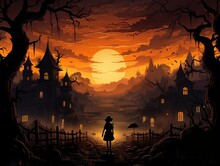 Halloween Poster Containing A Shadowy Image Of A Girl In The Middle Of An Old Town Against A Full Moon As A Background. Generative Ai.