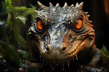 Poster - A baby crocodile breaking free from its eggshell in a swampy area. Generative AI technology.