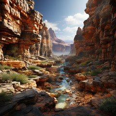 Leinwandbilder - An aerial view of a canyon landscape, with deep cracks and gorges carved by the forces of erosion over time. Generative AI technology.