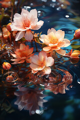 Aufkleber - A picturesque scene of colorful leaves floating on the water's surface, their reflections forming delicate circles.  Generative AI technology.