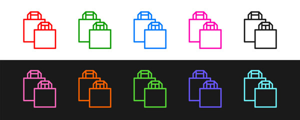 Poster - Set line Paper shopping bag icon isolated on black and white background. Package sign. Vector