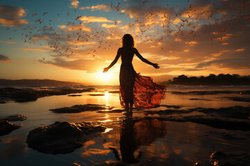 Leinwandbilder - A relaxed silhouette of a woman striking a pose against a vibrant beach sunset, embodying leisure and freedom.  Generative AI technology.