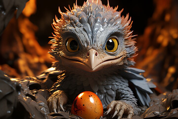 Poster - A hatchling with wide eyes emerging from its eggshell, evoking innocence  Generative AI technology.