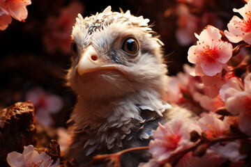 Poster - A hatchling emerging from its eggshell while surrounded by blossoming flowers  Generative AI technology.